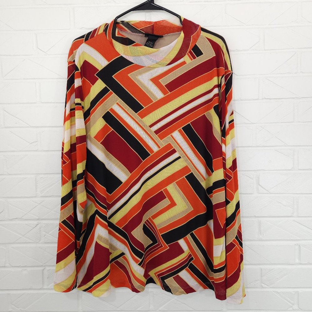 Retro Y2K Lane Bryant Geometric Stripe Mesh Mock Neck Long Sleeve Top Orange Red